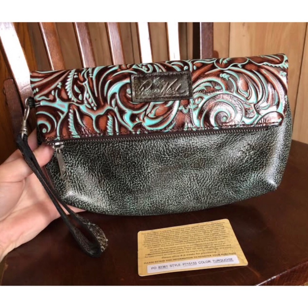 Patricia Nash floral turquoise leather clutch